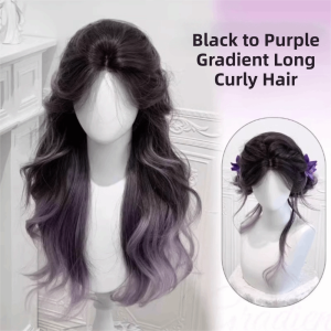 OMQAIO Fashionable Long Wavy Curly Wig Elegant Purple Pink Blue Grey Red Gradient Synthetic Wigs Sweet Natural Cosplay Lolita Wigs for Women