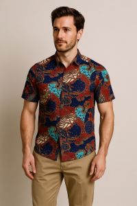Elegant Cotton Men Short Sleeve Batik Print Shirt with Mandarin Collar and Shirt Collar