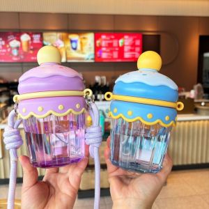 SEETE with Lid and Straw Clear Tumbler Crossbody Hanging Rope Transparent Iced Coffee Cup Cute Cake Smoothie Cup Large Capacity Water Bottle Milk