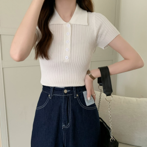 🎀 SIS Korean style casual T-shirt Polo Collar Short Sleeve Knitted Tops for women