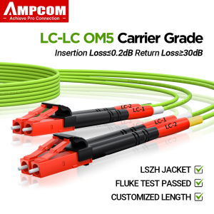 AMPCOM OM5 LC To LC UPC Fiber Optical Patch Cable Multimode Duplex MMF 50/125μm 100Gbps Bend Insensitive 2.0mm Fiber Optic Cord
