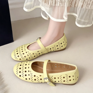 1.1inch Korean Vintage Mary Janes Doll Shoes For Women Sweet One-strap Hollow Breathable Soft Ballet Flats  With Adjustable Buckle