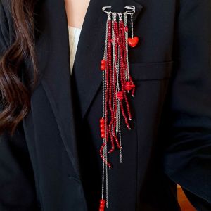 LUMINELLEB Red Love Heart Heart Beaded Tassel Brooch Light Luxury Style Paper Clip Shape Tassel Chain Pins Exquisite Punk Tassel Ornaments Spring Summer