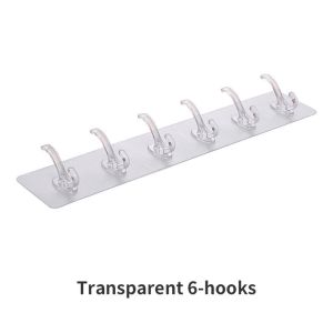 Punch-Free Transparent 6 Hooks Adhesive Row Hooks Transparent Wall Hooks Heavy Duty Self Adhesive Hooks Drill-Free Wall Hooks