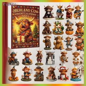 RUASA Highland Cow Advent Calendar 2025 Box 24 Pcs Highland Cow Figurines Hanging Ornaments For Christmas Tree Home Decoration