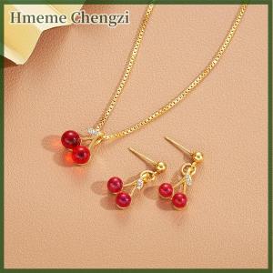 Hmeme Red Cherry Pendant Necklace Stud Earrings Set Womens Fashion Fruit Necklace Earrings Jewery Set For Party Wedding Girls Gifts