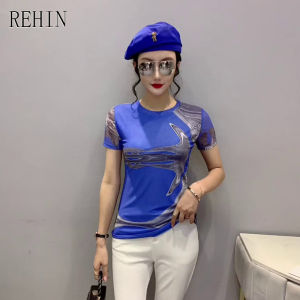 REHIN Womens top Summer fashion mesh print floral short-sleeved T-shirt V-neck slim and thin elegant S-3XL  blouse