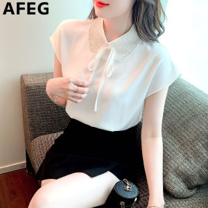 AFEG new Korean version of the doll collar bow fashion loose all match pin bead short-sleeved blouse