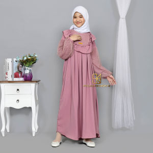 SAL5A KIDS GAMIS remaja cringkle ANAK perempuan remaja tanggung 9-17 tahun MIX TULLE TILE TILLE brukat brokat fashion muslim longdress KID girl serut susun modern premium warna  broken white gamis putih tulang manasik haji mengaji terbaru
