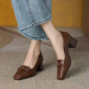 Free Shipping Handmade Shallow-Toe WomenS Shoes New Spring/Autumn Style Slip-On Design With A Bow Chunky Heel Square Toe And Soft Leather Upper