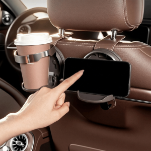 GFNIE4 PU Leather Car Seat Headrest Hook Foldable Metal Hook 2 in 1 Headrest Hanger Premium Easy To Install Hanging Backrest Cup Holder Car Interior