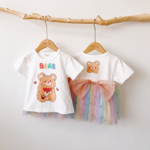 Summer Short Sleeves Tee Shirts tulle tutu layer Dress and Leggings Set for Kids Frozen MyMelody Princess