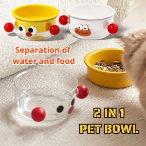 2In1 Cute Double Cat Bowl with Big Mouth Cartoon Puppy Feeder Anti-Mold Pet Bowls with Non-Slip Base
