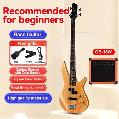 Bansid Electric Bass Guitar 4-String for Beginner Right Hand with Shoulder Strap Wrench Tool Power Line and Bag (Natural Wood)