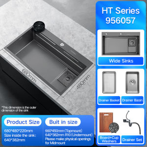 HIGOLD Handmade Waterfall Sink Black Nano Kitchen Sink 304 Stainless Steel Drift Rain Waterfall Single Sink Topmount and Undermount Basin Set