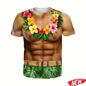 [Local Stock] HBESTY Halloween Christmas Funny Abs Muscle Graphic T Shirt for Men Hawaiian O-neck Short Sleeve Fashion Casual Tee Shirts Street Holiday Party T Shirts