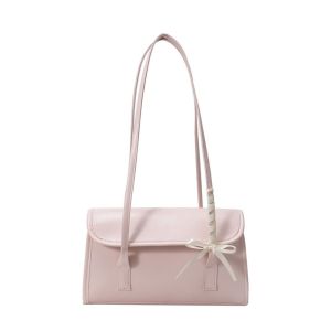 GUNG Large Capacity Bow Ribbons Shoulder Bag Sweet Y2k Pu Leather Underarm Trendy Solid Color Girls Handbag Travel