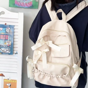Fashionable Teenager Girls Nylon School Backpack with Bowknot Decors Japanese Anime Preppy Style Book Bag Rucksack