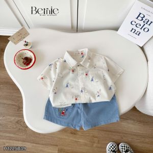 Set bộ áo sơ mi tay ngắn họa tiết Pony Sport kèm quần short denim size 11kg tới 28kg BERNIE H1225B39