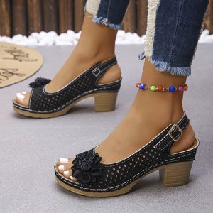 Free Shipping Scene Flowers 2026 Beach Fashion Beach Plus Size Chunky Heel Casual Plus Size Sandals Roman Sandals Black