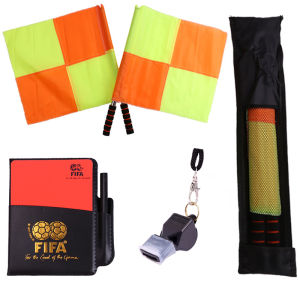 Set 3 món đồ trọng tài bóng đá 2 cờ biên bằng kim loại thẻ vàng đỏ còi