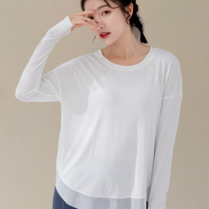 FitYog Sports Loose Long Sleeve Top Fast Drying Spell Yarn shirt Running Blouse Fitness