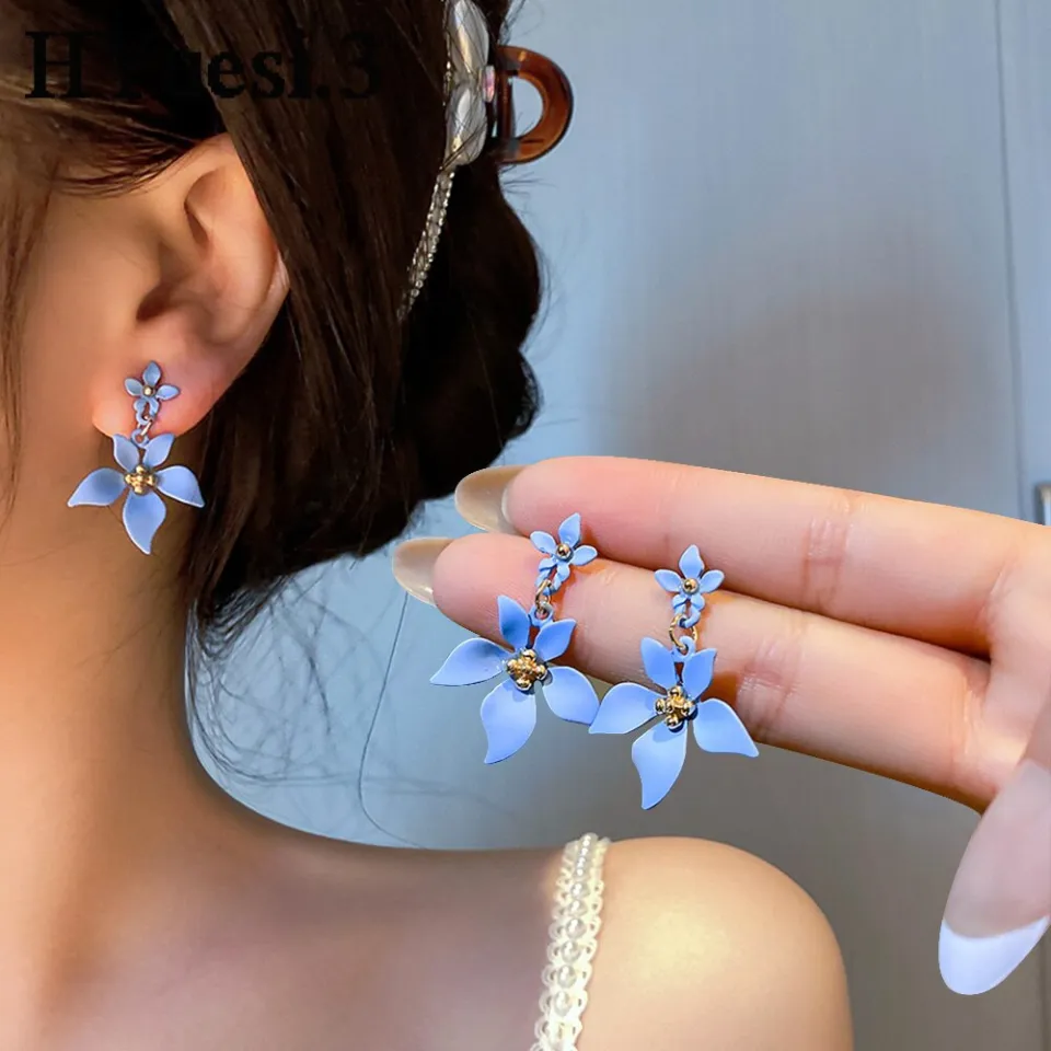 Dangling earrings for Women Drop Earrings Elegant Blue Camellia Flower  Earrings korean style Bohemian Floral Daisy earrings hypoallergenic set  earings