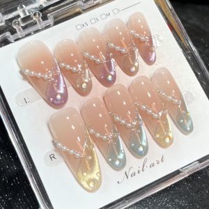Nude Aurora Cat Eye Press On Nails Pearl Chain Glitter Rhinestone Handmade False Nails