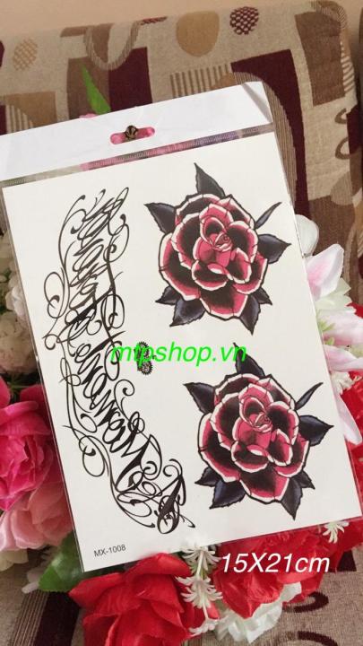 HÌNH XĂM HOA HỒNG ĐỎ ĐEN VÀ HOA VĂN 15X21CM MX-1008