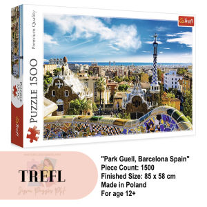Trefl 1500 piece Jigsaw Puzzle - Park Guell Barcelona Spain | 85x58cm | Made in Poland | For Age 12+ | Vibrant Gaudi Mosaic Tiles Iconic Spanish Architecture Panoramic Cityscape with Bright Blue Sky Challenging Scenic Premium Jigsaw Puzzle