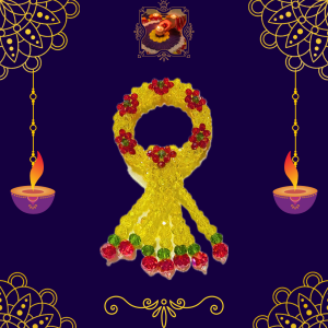 พวงมาลัยคริสตัลพวงเล็กสีเหลือง ลายดอกไม้สีแดง อุบะ 7 ชาย