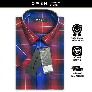 OWEN SALE - Áo Sơ Mi Owen Tay Ngắn Màu Xanh Navy - Đỏ  Họa Tiết Caro Form Body Fit Lai Ngang Chính Hãng