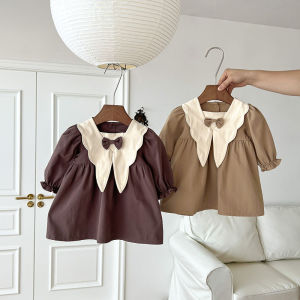 7CYMSpring Retro Ruffle Front Bow Knot Dress for Kids Baby Girls Clothing Cotton Splicing Toddler School Princess Dresse