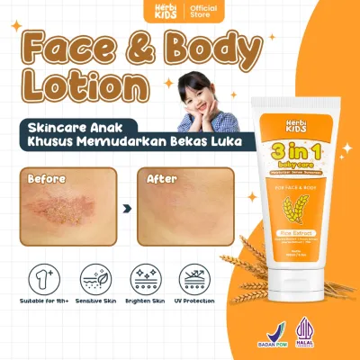 HERBIKIDS - 3IN1 FACE AND BODY LOTION 100ML - KRIM PELEMBAB DAN ANTI IRITASI - UV PROTECTION (BPOM)