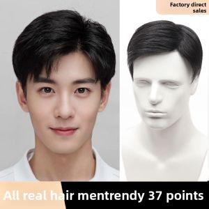 Three Seven Split 100% Human Hair Mens Toupee Fashion And Handsome Style Hair Piece Breathable Net Hair Replacement Natural Color