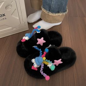 YOCKY Cartoon Thick Warm Slippers Furry Big Eye Doll Plush Slippers Funny Floor Flats Slippers Women Winter