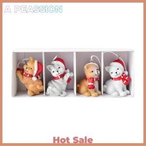 [A Peassion]💖[HOT SALE]🎈🎈 Mini Resin Christmas Tree Ornaments Set Santa Elk Dog Cat House Pendants With Hanging Rope 4 Pack Classic Holiday Decor