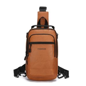 LANGJ ผ้าสีพื้น กระเป๋าคาดหน้าอกผู้ชาย กระเป๋าหลายช่อง หนัง PU กระเป๋าสะพายข้าง แฟชั่น สายรัดปรับได้ กระเป๋าสะพายข้างชาย ชาย