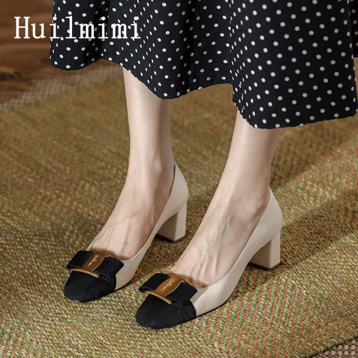 Huilm women s high heels 5cm high 2024 new spring style square head bow square button high heels thick heels spring and autumn shallow mouth soft leather women s shoes office shoes Lazada