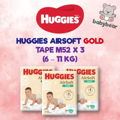 [1 Carton] Huggies Airsoft Gold Tape Medium 52 Pcs x 3 Packs (6-11 KG)