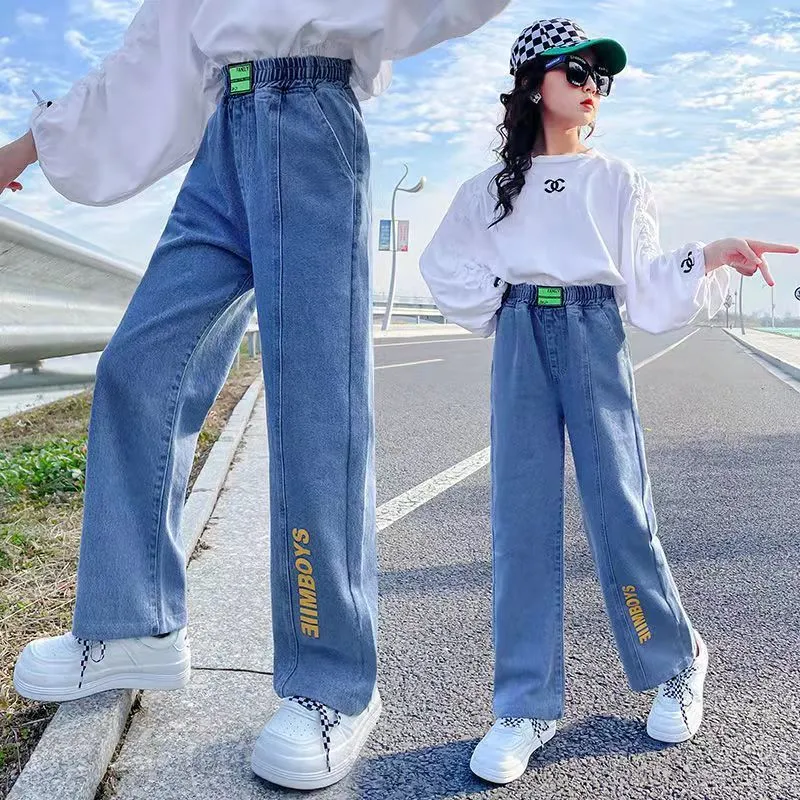 Pants for Kids Girl Letters Design Elastic Straight Leg Maong