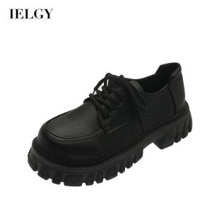 IELGY womens black thick-primed patent leather lace-up shoes