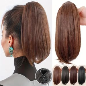 HOUMENG ต่อผม วิกผมแบบคลิปหนีบหางม้า คลิปใน บันผมยุ่งเหยิง แฮร์พีซสีดำสีน้ำตาล ของตกแต่งผม ปลอม หางม้าสั้นหยิก สำหรับผู้หญิง