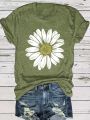 Women's Casual Daisy Flower Print T-Shirt - Soft Polyester Crew Neck Tee, Black with White Daisy Design, Short Sleeve, Perfect for Summer Outfits, Ladies T Shirts. 