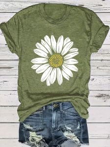 Womens Casual Daisy Flower Print T-Shirt - Soft Polyester Crew Neck Tee Black with White Daisy Design Short Sleeve Perfect for Summer Outfits Ladies T Shirts