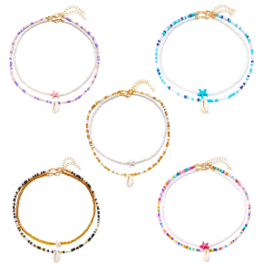 Gói 2 Phong Cách Bohemian hai lớp Starfish Shell Vòng cổ mặt dây chuyền đính cườm cho phụ nữ và những người đam mê thời trang