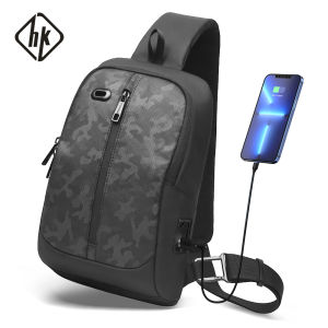 Hk Camouflage Sling Bag for Men Waterproof Crossbody Shoulder Bag Side Belt Bag With USB Charging Port Trekking Outdoor Sport Pouch Bags
