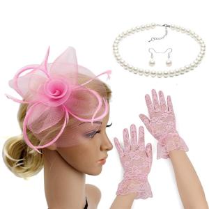 Phụ nữ của fascinators hat với ren Găng tay ngắn ngọc trai giả Vòng cổ và bông tai thích hợp cho các loại trà tiệc cưới