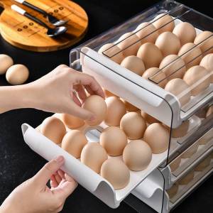 🌟 Household Kitchen Double Layer Fresh Keeping Drawer Storage Egg Box 32 Grid 厨房大容量鸡蛋收纳盒冰箱抽屉式防尘保鲜盒可叠加透明整理盒塑料