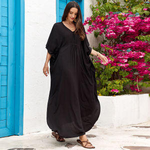 2024 Solid Beach Cover Up White Ruffle Summer Maxi Dress Half Sleeve Beachwear Split Bathing Suit Plus Size